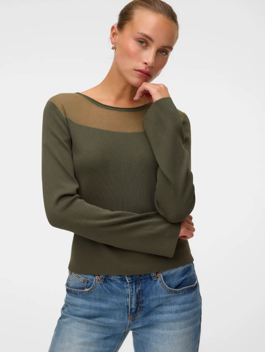CRICKET Long Sleeve Sheer Neckline Jumper in Khaki Moss Green