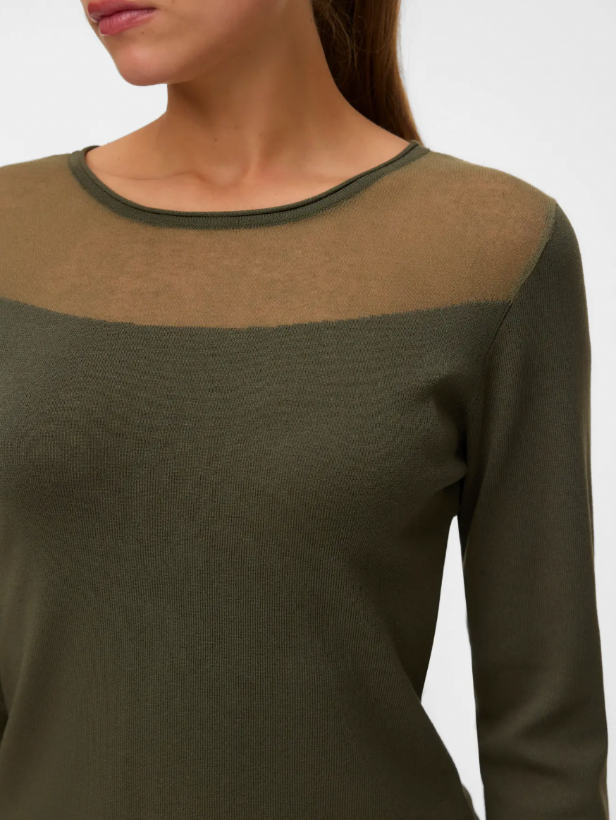CRICKET Long Sleeve Sheer Neckline Jumper in Khaki Moss Green