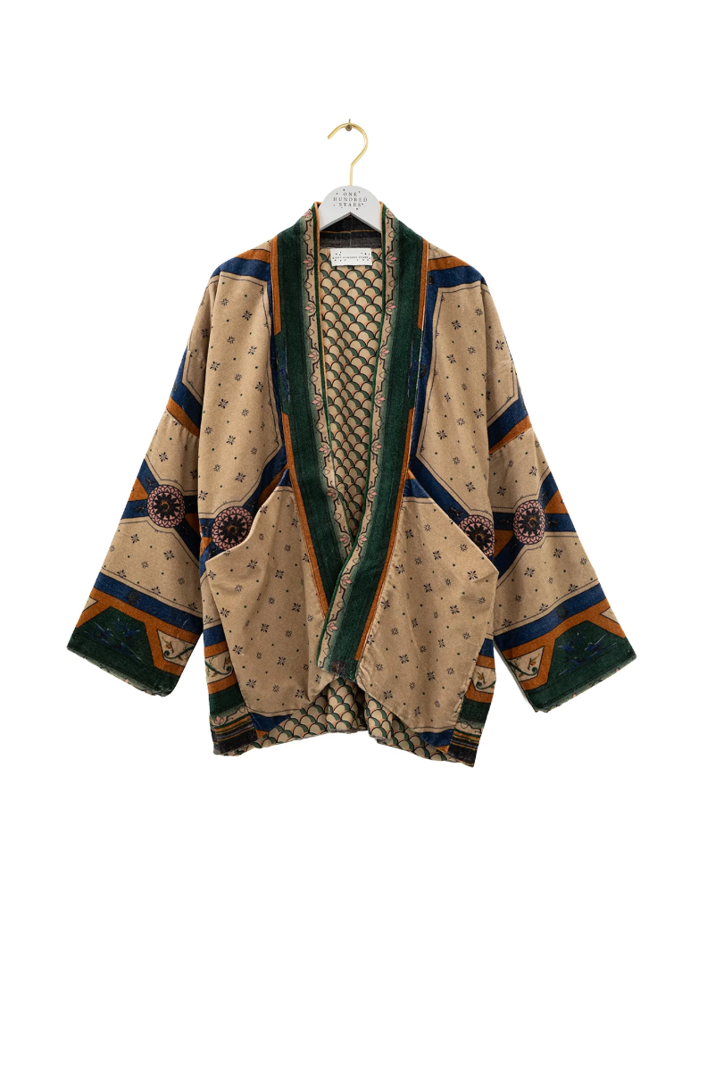 One Hundred Stars Velvet Pocket Jacket in Fleur De Lys Sand - VPKFDLSAN
