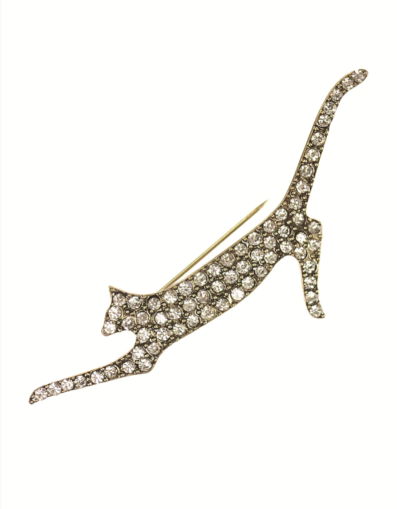 Stretching Kitty Cat Crystal Vintage Style Brooch in Gold - KK421
