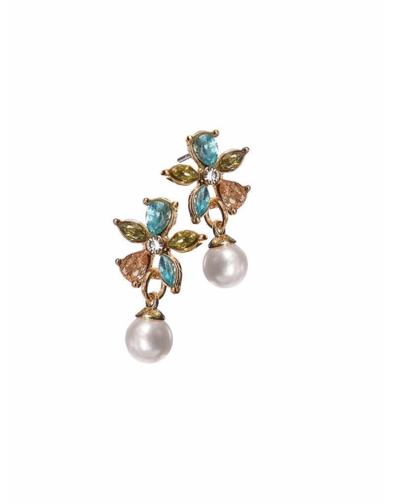 MIni Crystal Flower and Pearl Drop Earrings in Teal - LG240