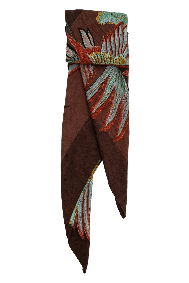 Silk & Wool Printed Scarf in Brown Crane Print by One Hundred Stars - WWSCRABWN