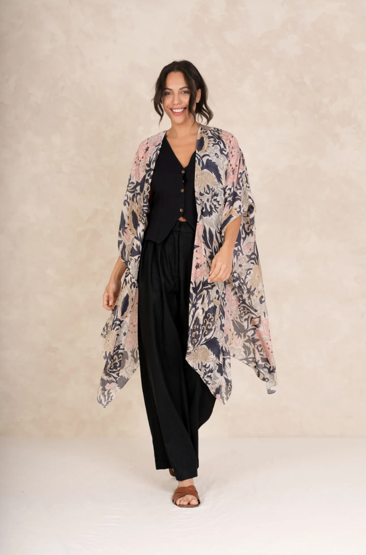 One Hundred Stars Mid Length Lightweight Throwover Kimono in Taupe Block Print - THRBLKTAU