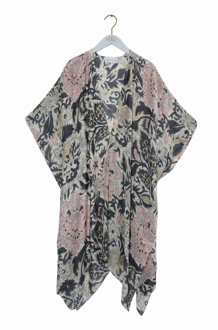 One Hundred Stars Mid Length Lightweight Throwover Kimono in Taupe Block Print - THRBLKTAU