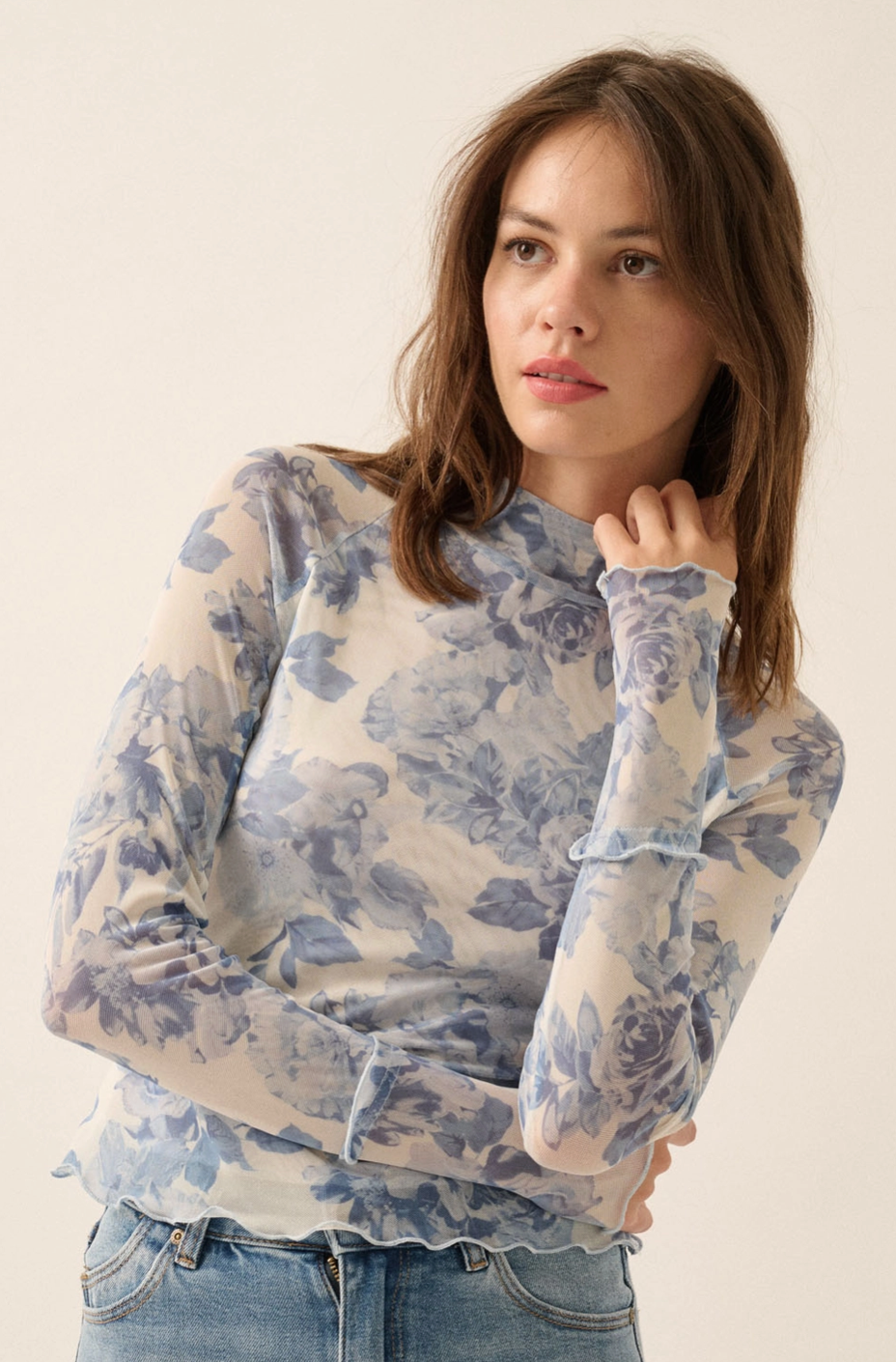 TEACUP Blue Floral Mesh Top with Thumbholes