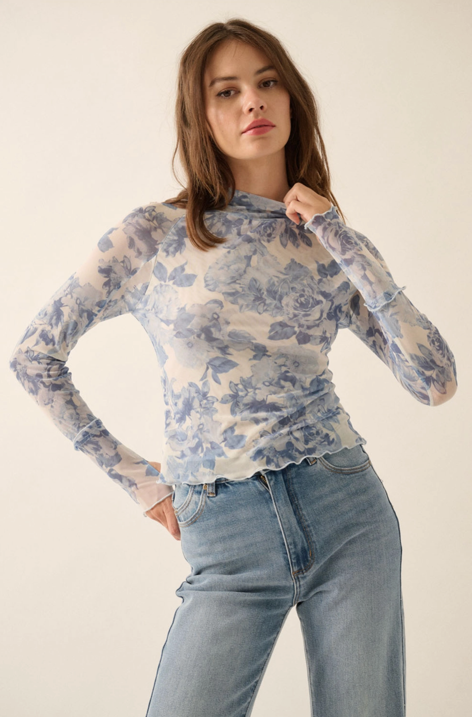 TEACUP Blue Floral Mesh Top with Thumbholes