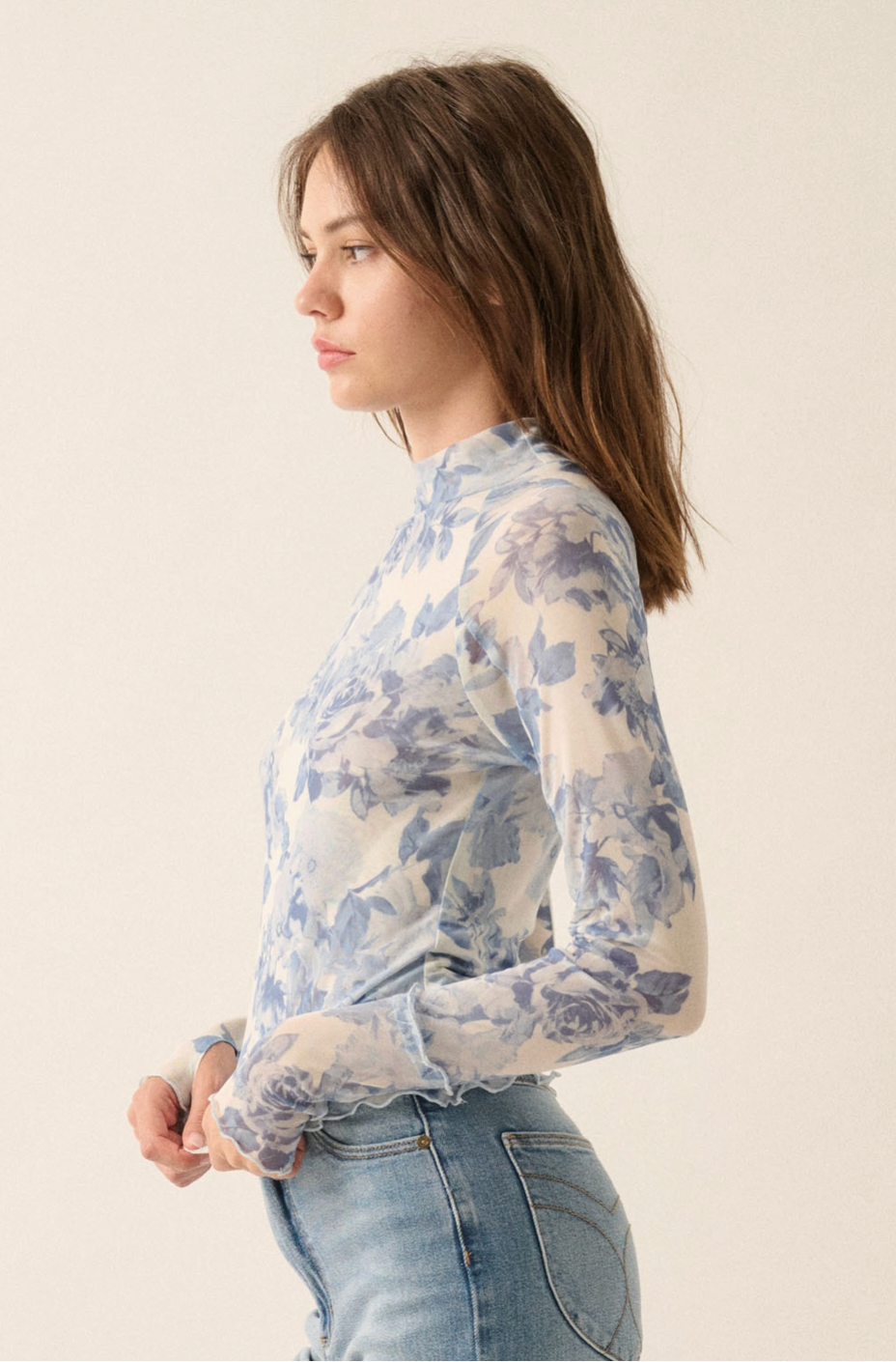 TEACUP Blue Floral Mesh Top with Thumbholes