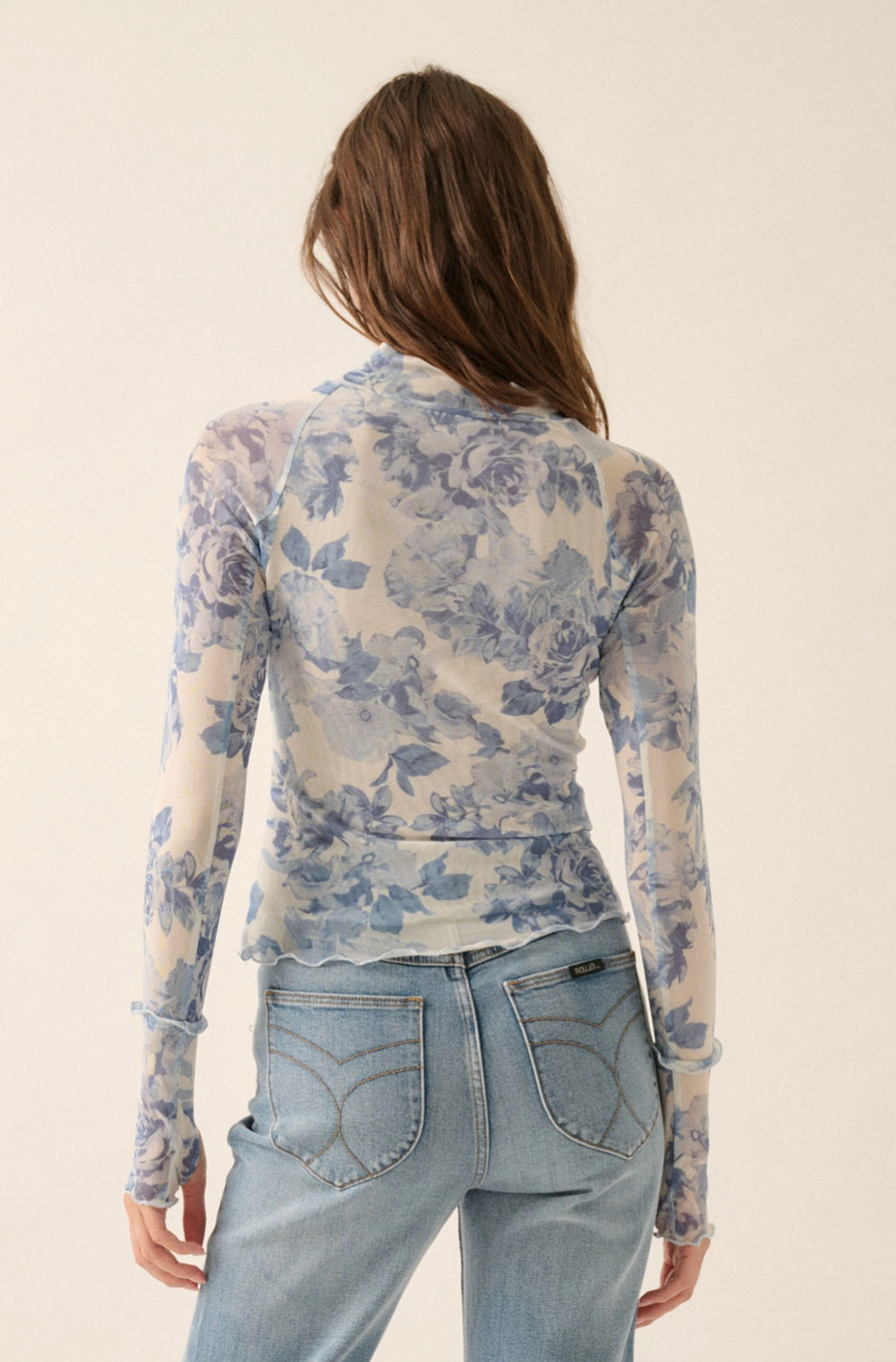 TEACUP Blue Floral Mesh Top with Thumbholes