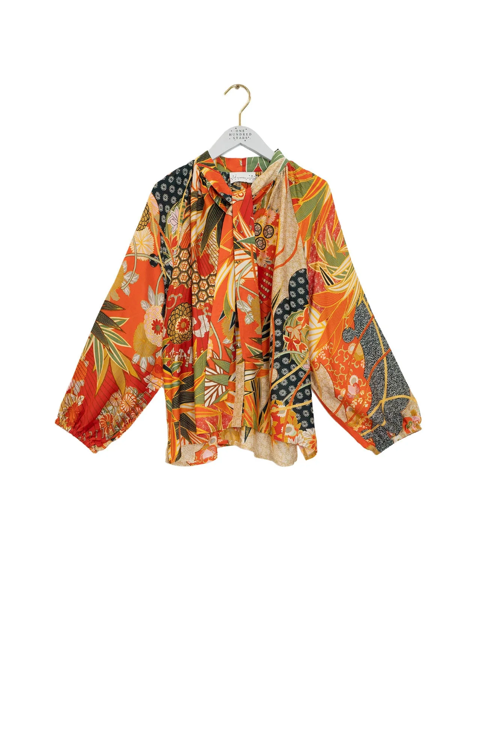 One Hundred Stars Pussy Bow Blouse in scarlet Fans Print - TPBFANSCA