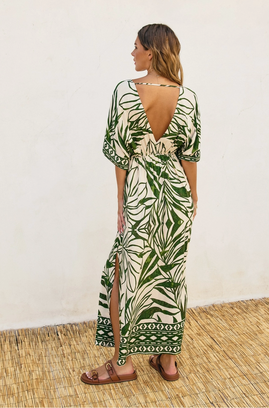 TROPIC Green Leaf Print Kaftan Dress