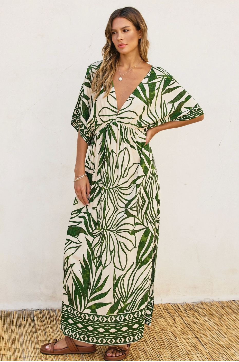 TROPIC Green Leaf Print Kaftan Dress