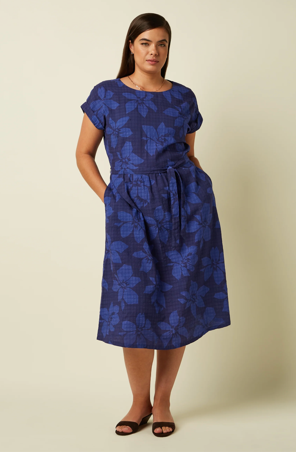 BETTY Monochrome Floral Print Tea Dress in Beacon Blue