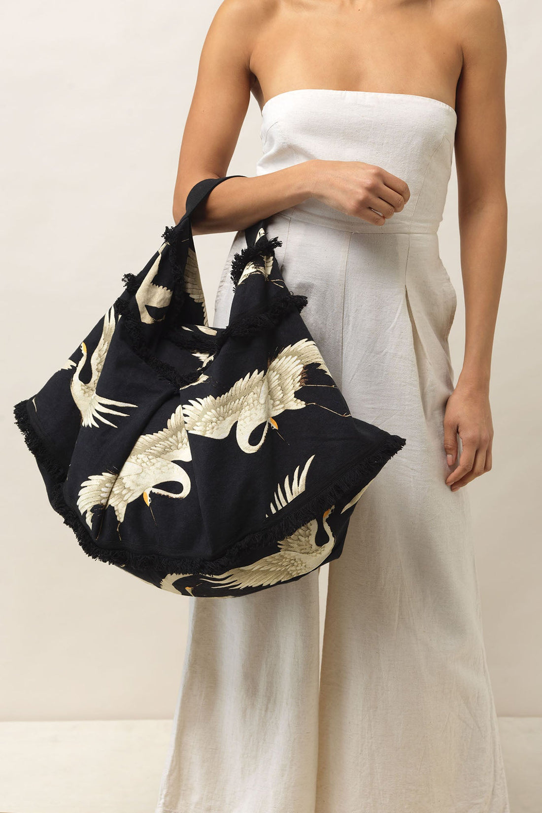 Large Slouch Bag in Black Stork Print - BSLSTOBLK