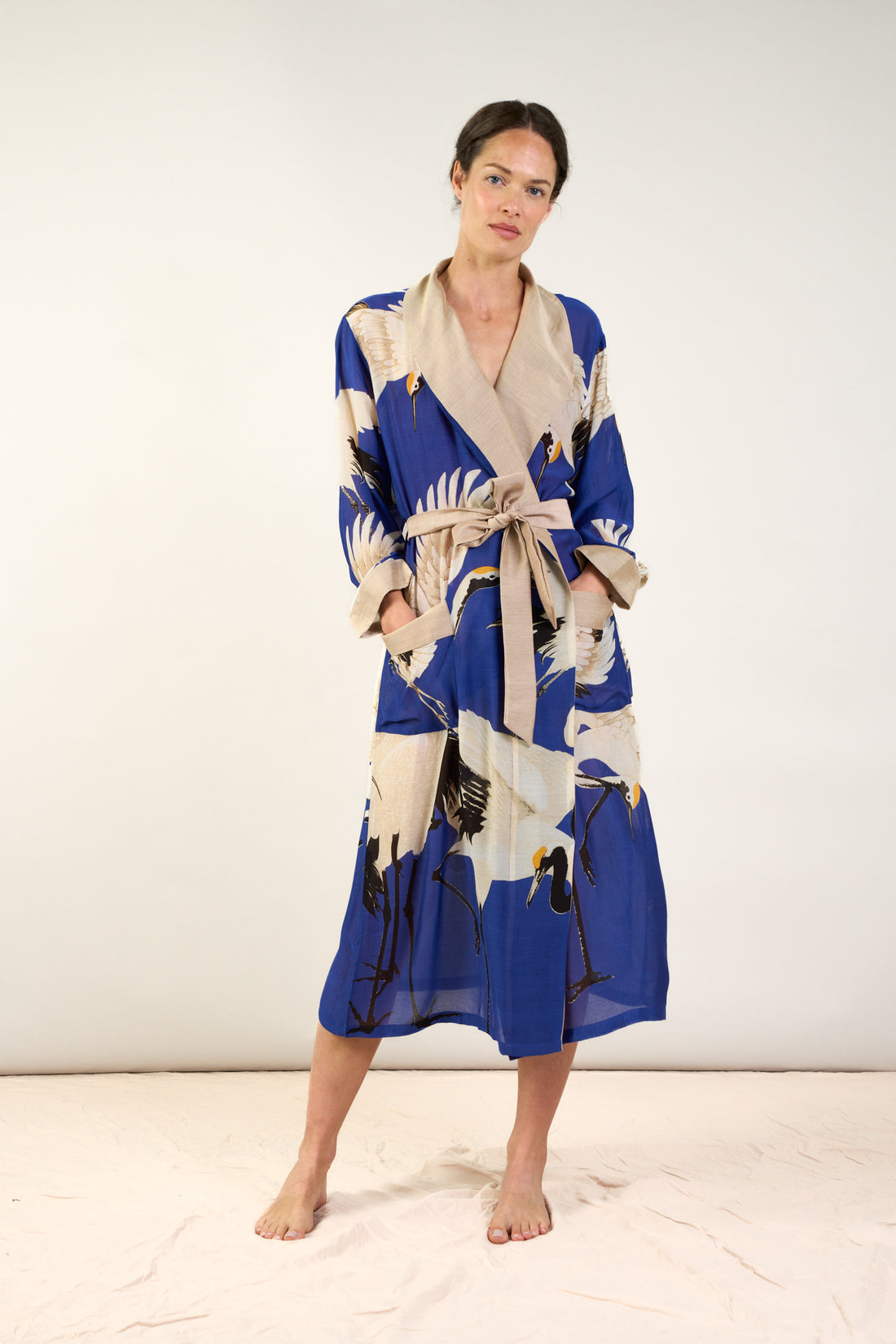 One Hundred Stars Gown Kimono in Royal Blue Stork Print