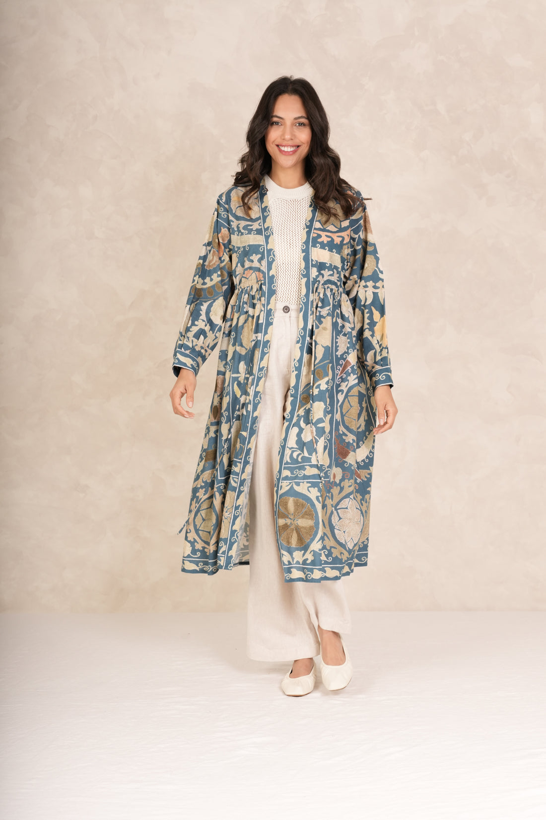 One Hundred Stars Mid Length Cotton Duster Kimono in Blue Susani Print - DUSSUSBLU