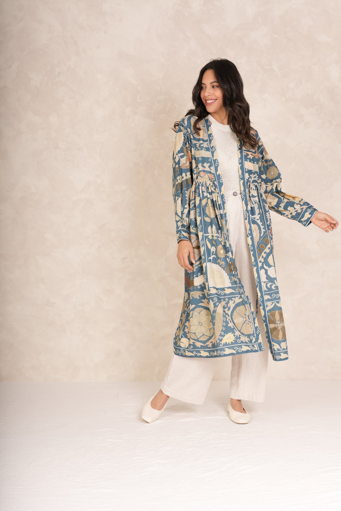 One Hundred Stars Mid Length Cotton Duster Kimono in Blue Susani Print - DUSSUSBLU