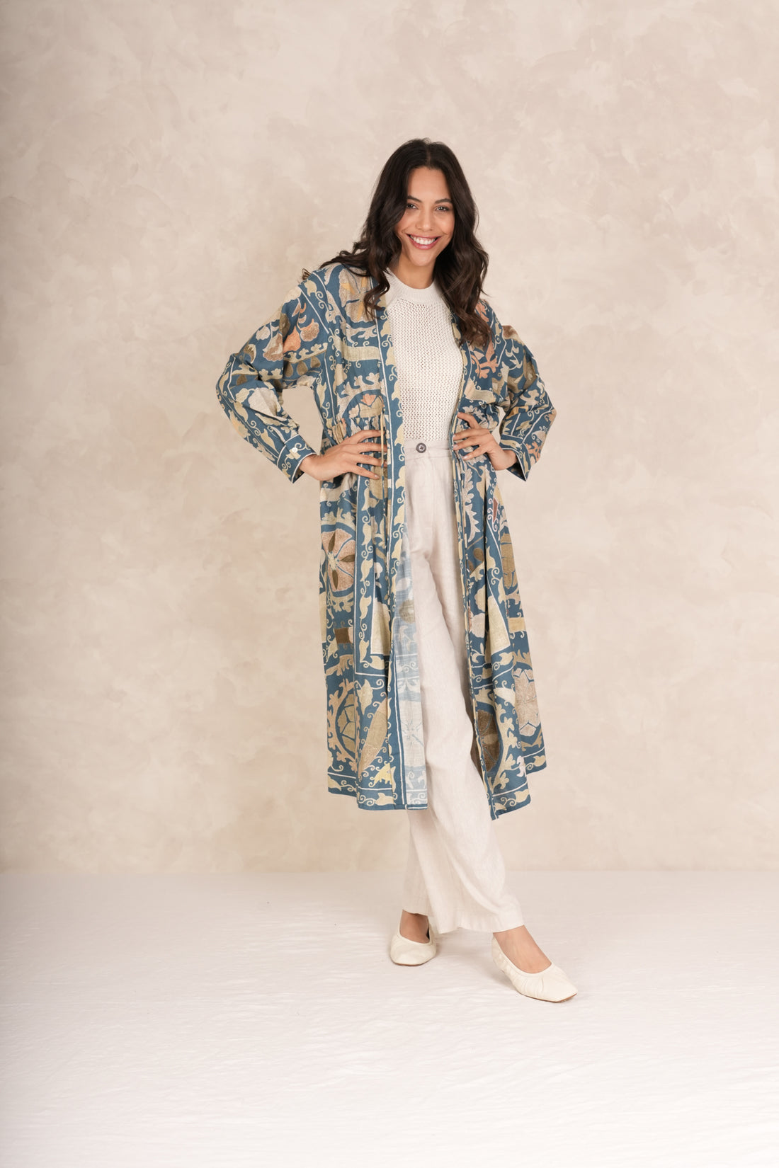 One Hundred Stars Mid Length Cotton Duster Kimono in Blue Susani Print - DUSSUSBLU