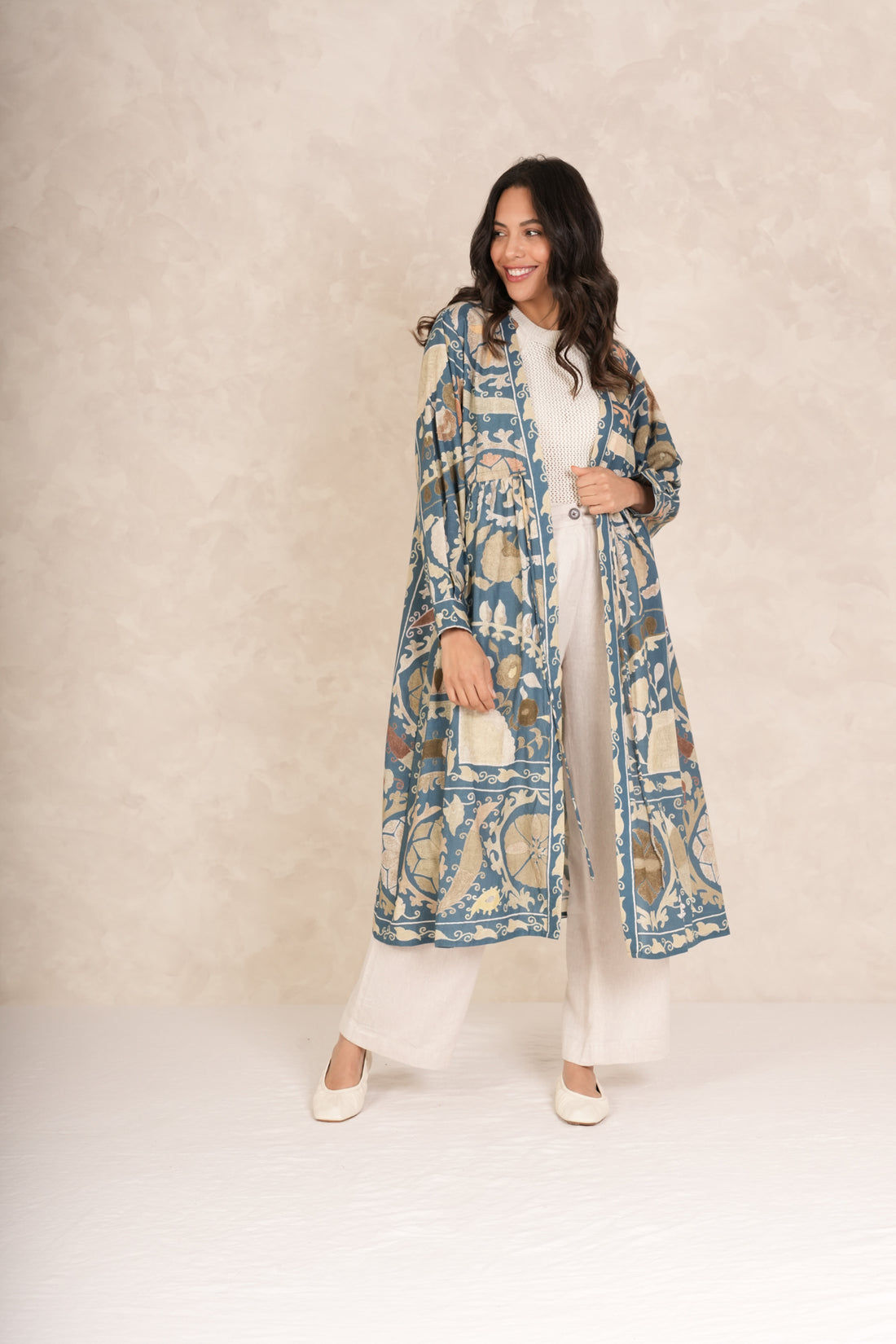 One Hundred Stars Mid Length Cotton Duster Kimono in Blue Susani Print - DUSSUSBLU