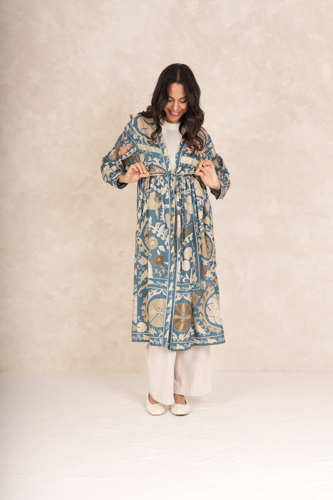 One Hundred Stars Mid Length Cotton Duster Kimono in Blue Susani Print - DUSSUSBLU