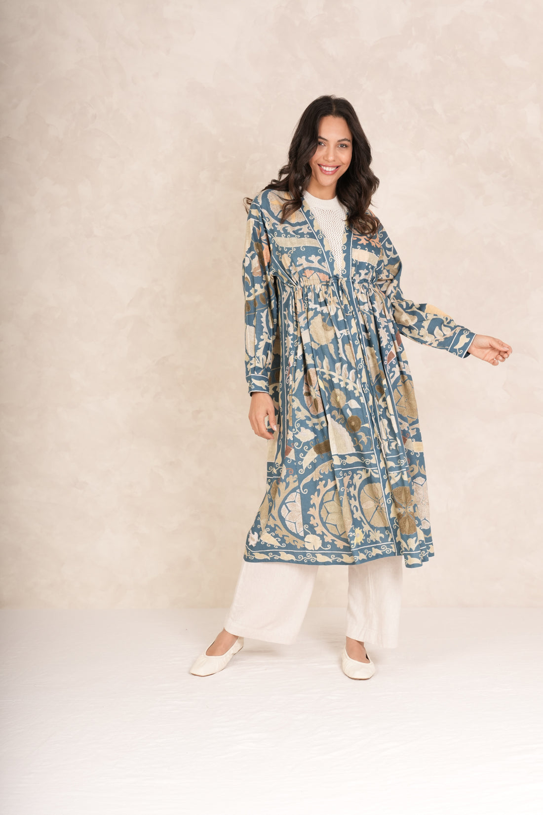 One Hundred Stars Mid Length Cotton Duster Kimono in Blue Susani Print - DUSSUSBLU