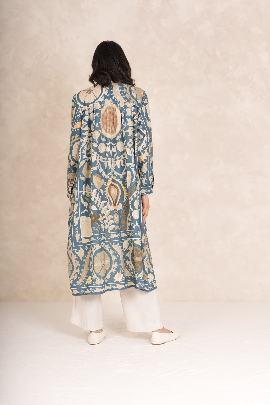 One Hundred Stars Mid Length Cotton Duster Kimono in Blue Susani Print - DUSSUSBLU