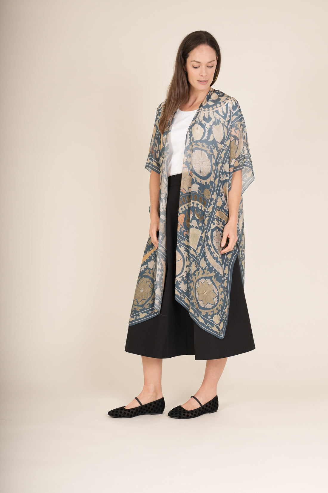 One Hundred Stars Mid Length Lightweight Throwover Kimono in Susani Blue - THRSUSBLU