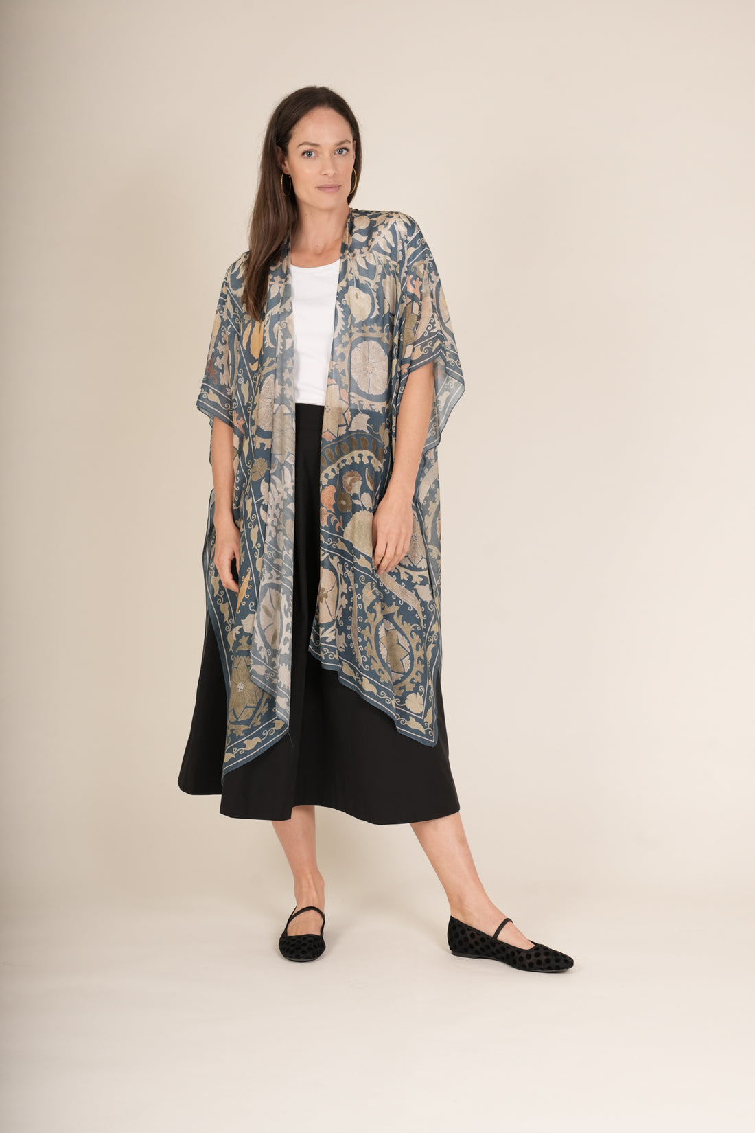 One Hundred Stars Mid Length Lightweight Throwover Kimono in Susani Blue - THRSUSBLU