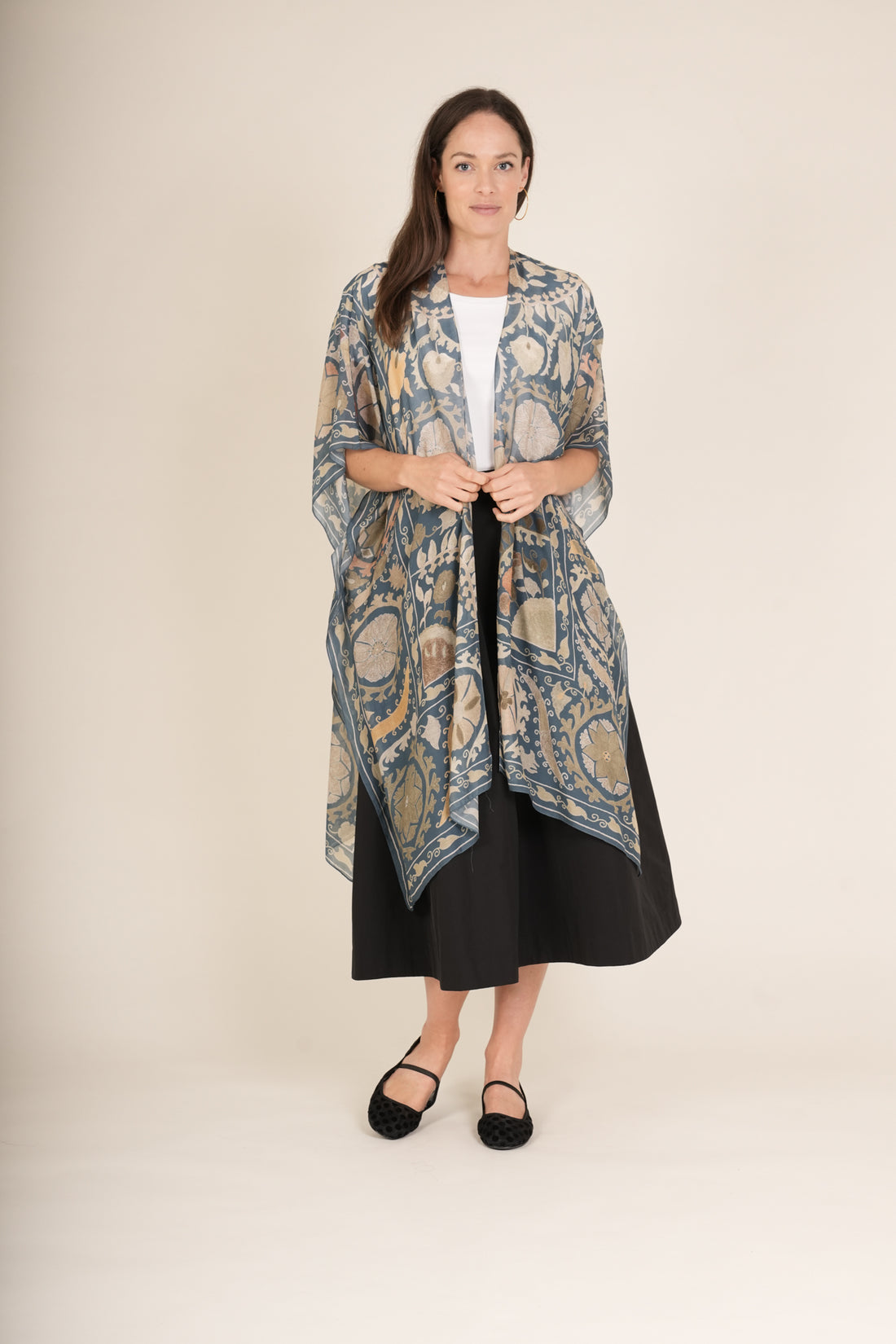 One Hundred Stars Mid Length Lightweight Throwover Kimono in Susani Blue - THRSUSBLU