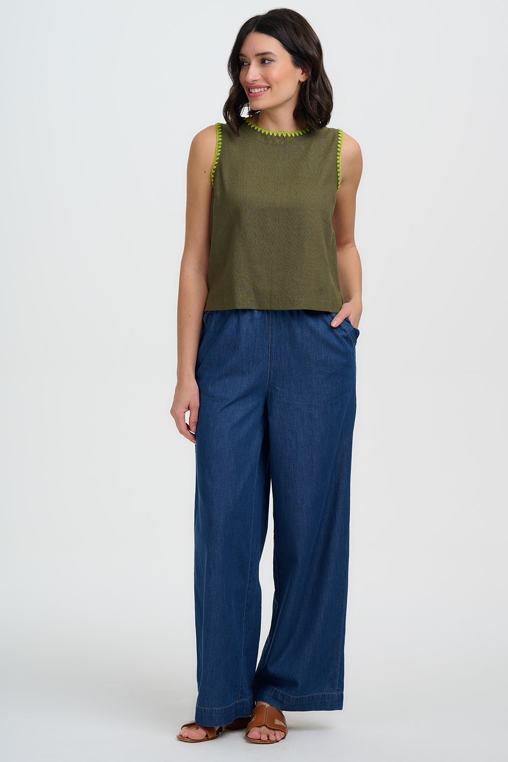 SENNA Linen Vest Top in Khaki with Embroidered Details - T1076