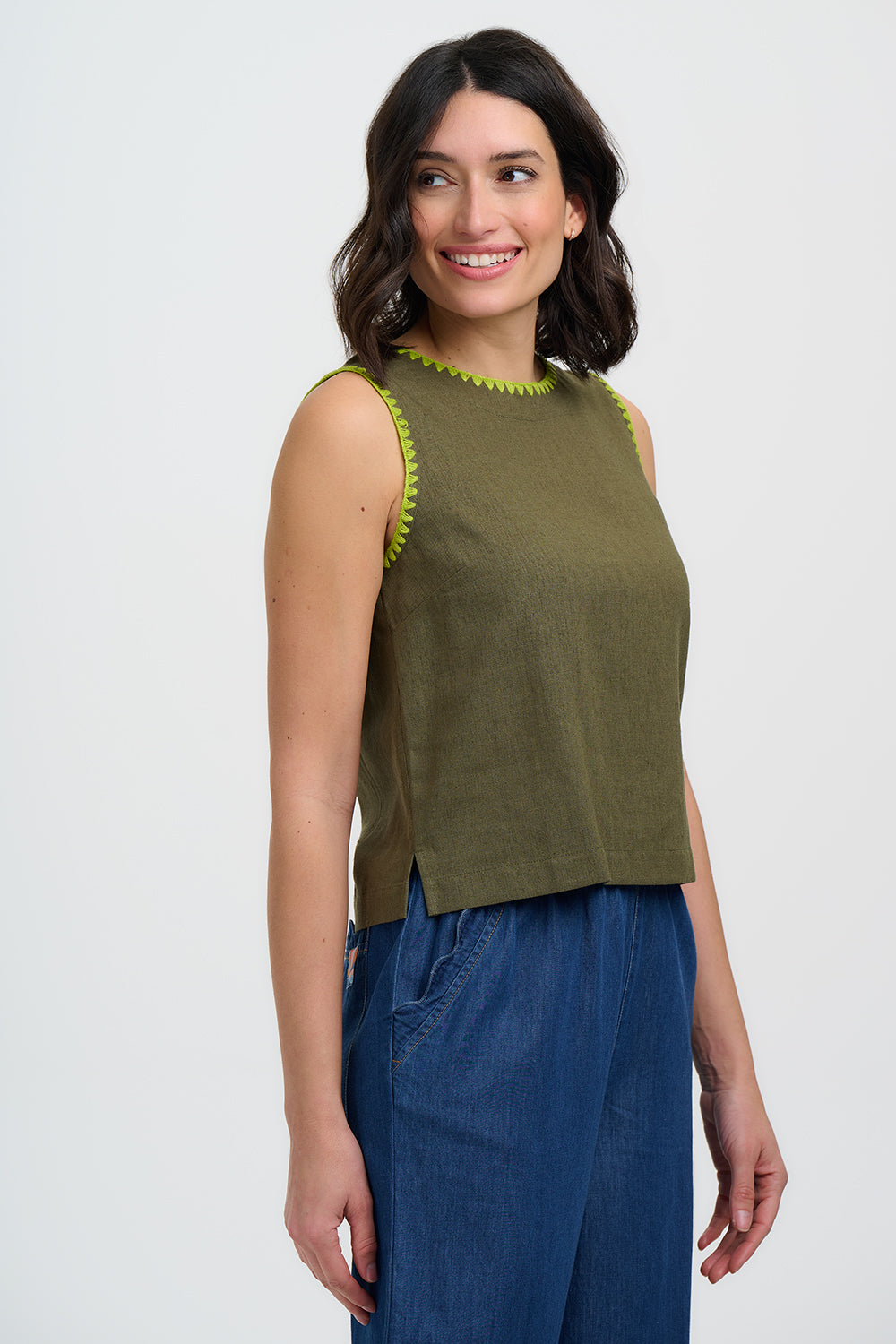 SENNA Linen Vest Top in Khaki with Embroidered Details - T1076