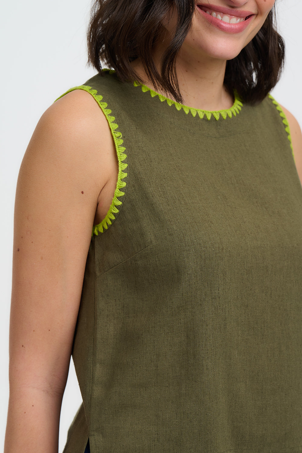 SENNA Linen Vest Top in Khaki with Embroidered Details - T1076