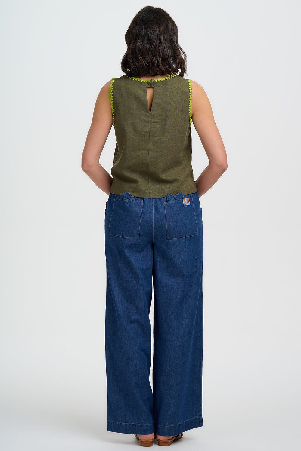 SENNA Linen Vest Top in Khaki with Embroidered Details - T1076