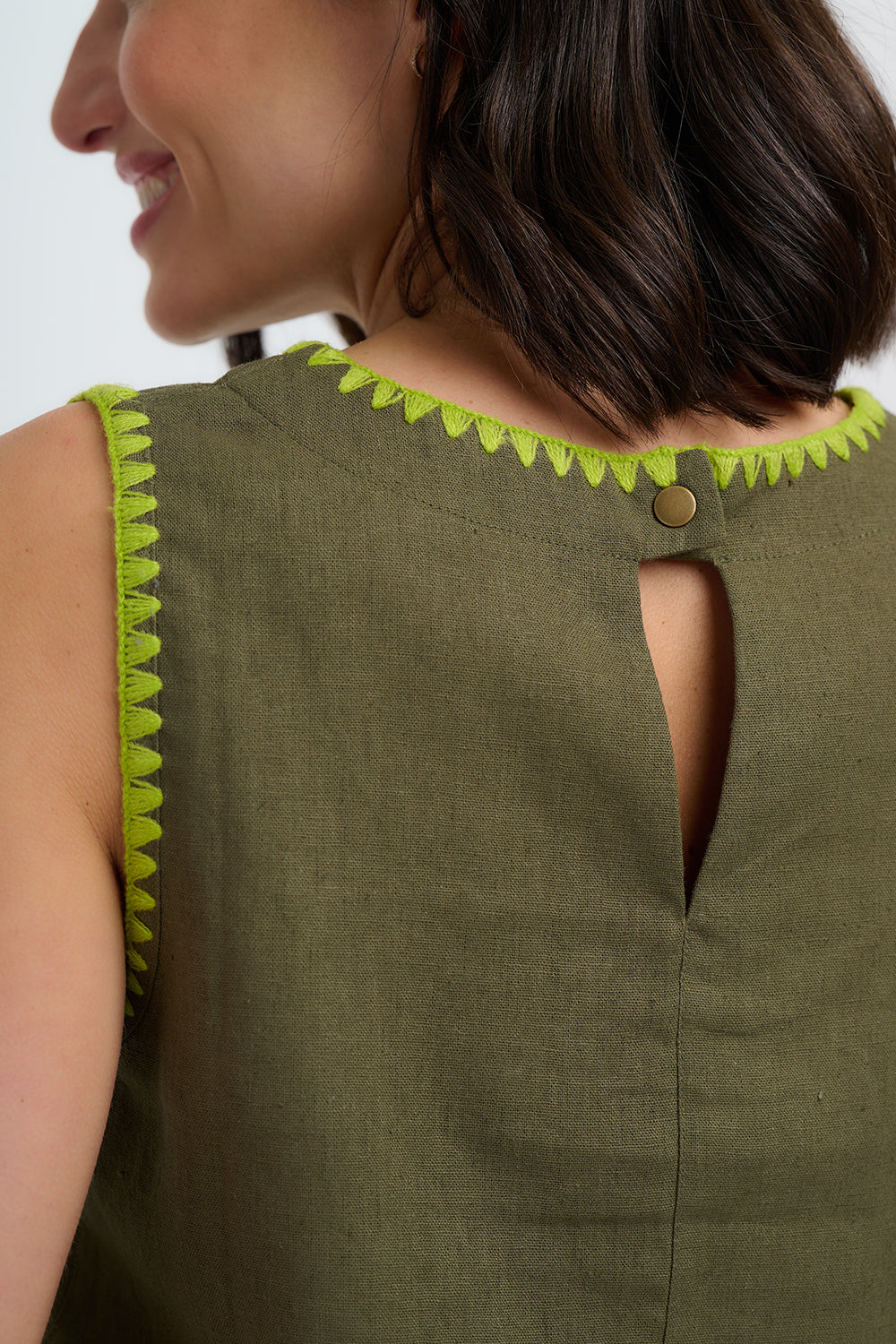 SENNA Linen Vest Top in Khaki with Embroidered Details - T1076