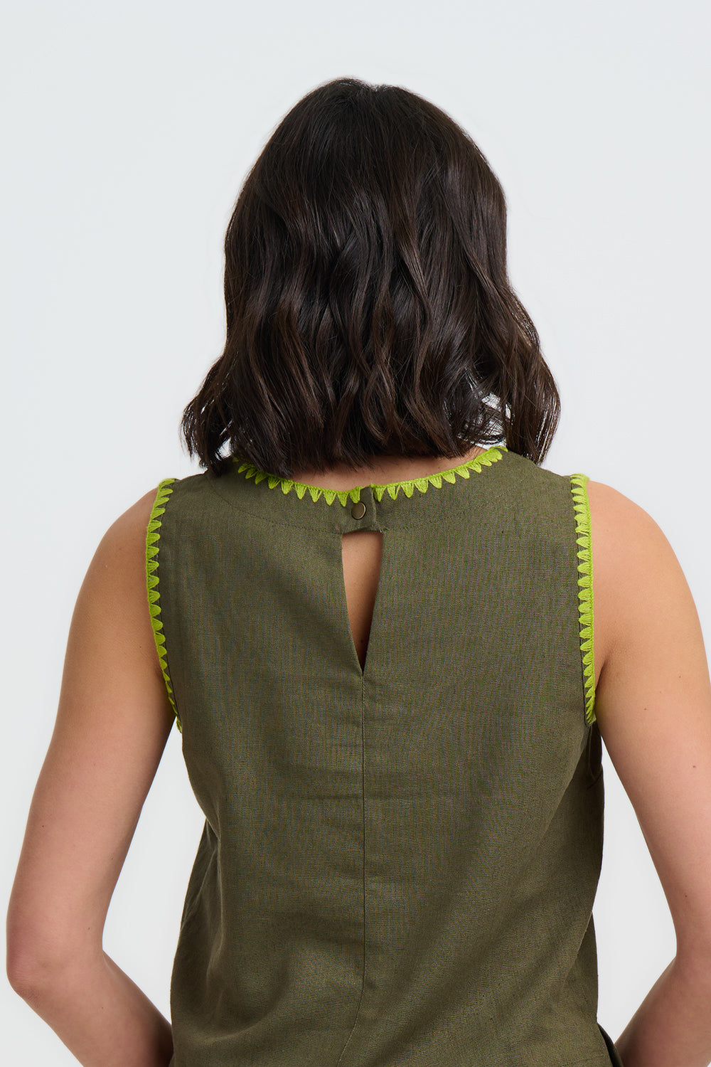 SENNA Linen Vest Top in Khaki with Embroidered Details - T1076