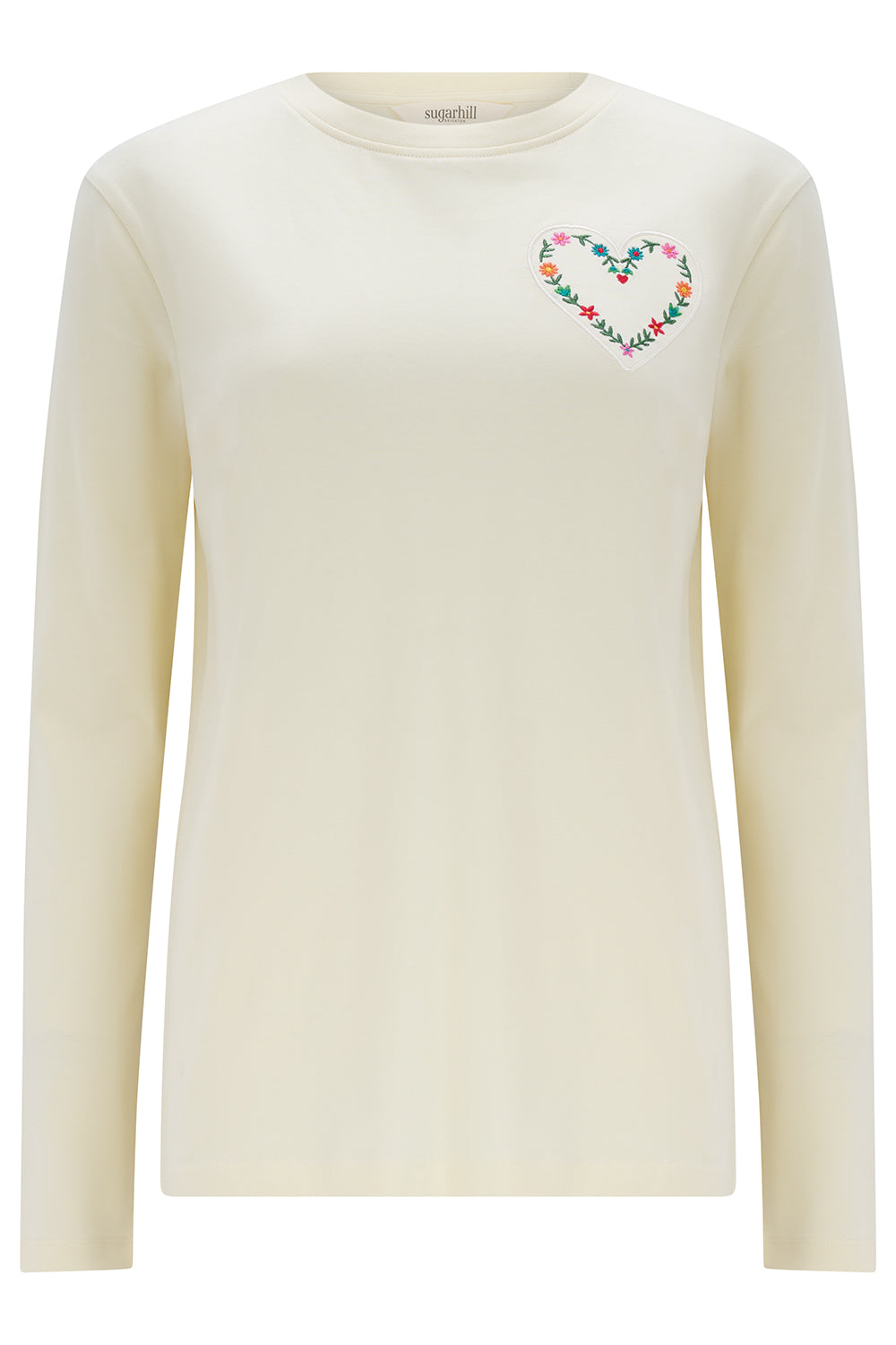 Brunswick Long Sleeve Jersey Tee with Flower Heart Motif in Off White