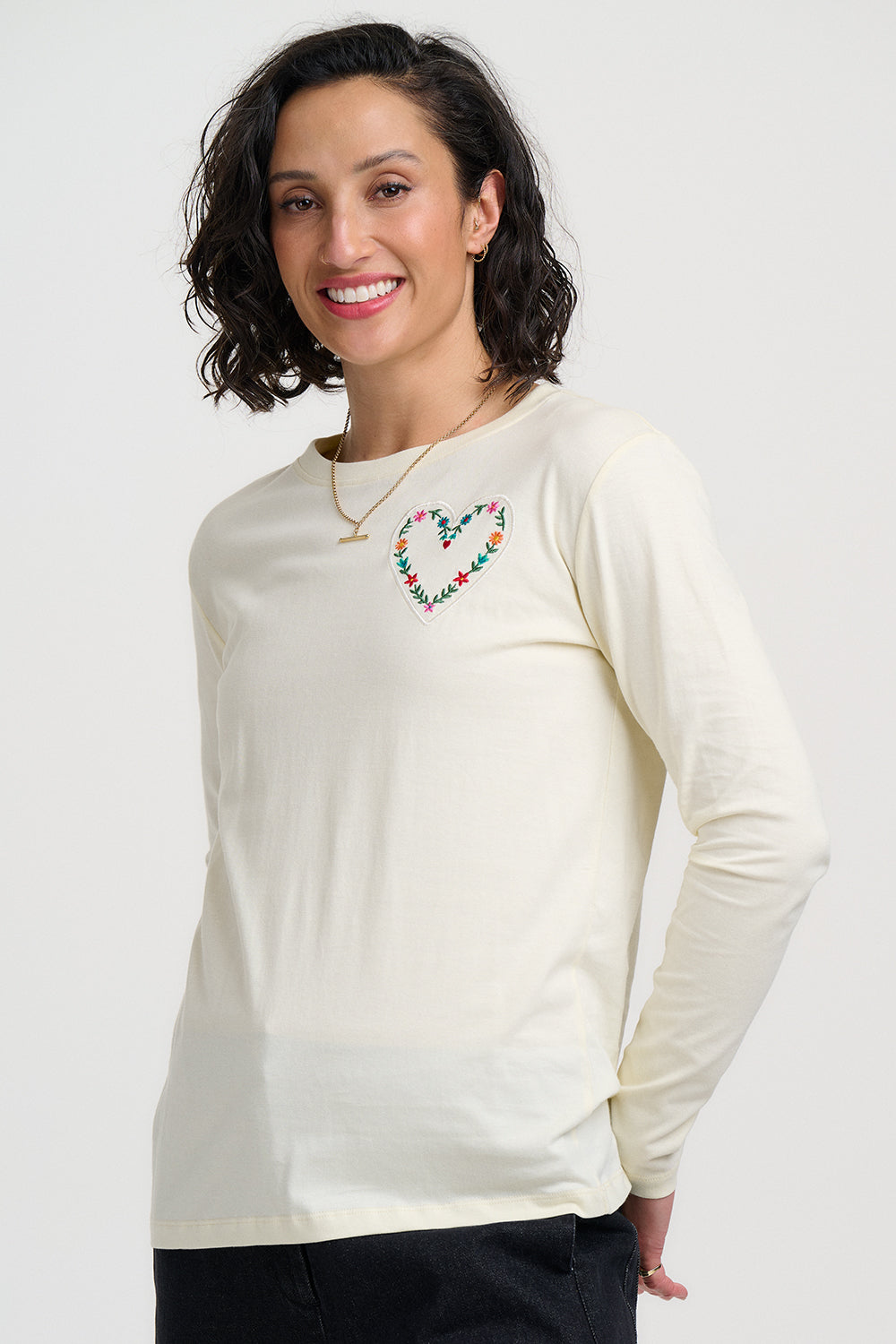 Brunswick Long Sleeve Jersey Tee with Flower Heart Motif in Off White