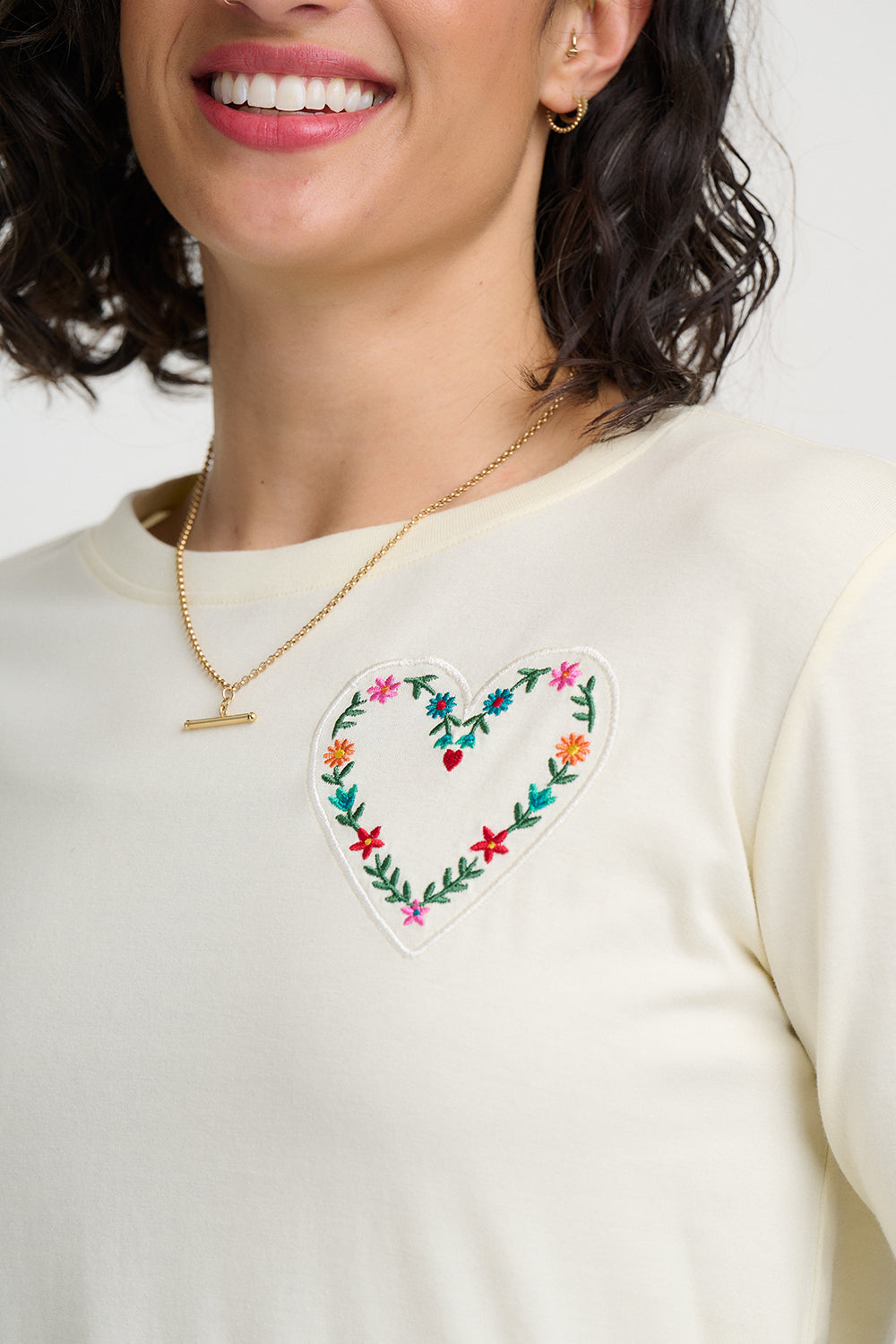 Brunswick Long Sleeve Jersey Tee with Flower Heart Motif in Off White