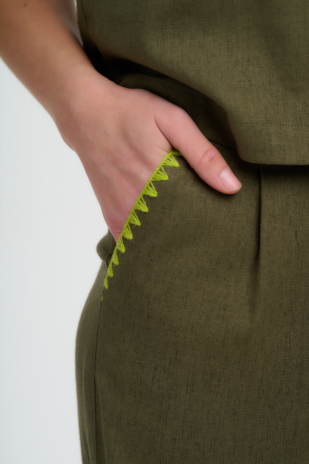 LOIS Khaki Wide Leg Trousers With Embroidered Blanket Stitch Pockets - TR0126