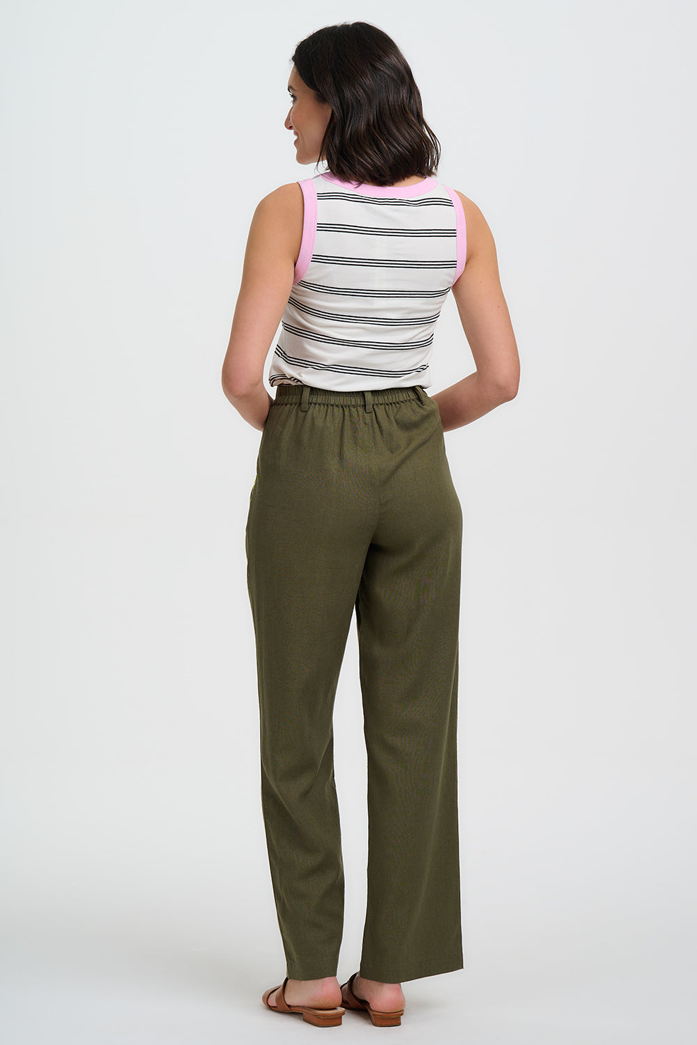 LOIS Khaki Wide Leg Trousers With Embroidered Blanket Stitch Pockets - TR0126