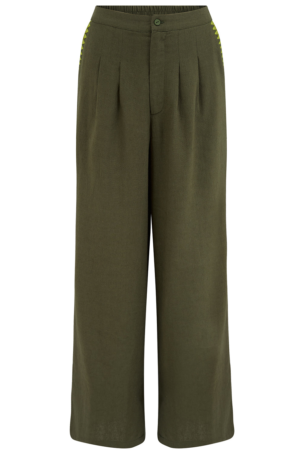 LOIS Khaki Wide Leg Trousers With Embroidered Blanket Stitch Pockets - TR0126