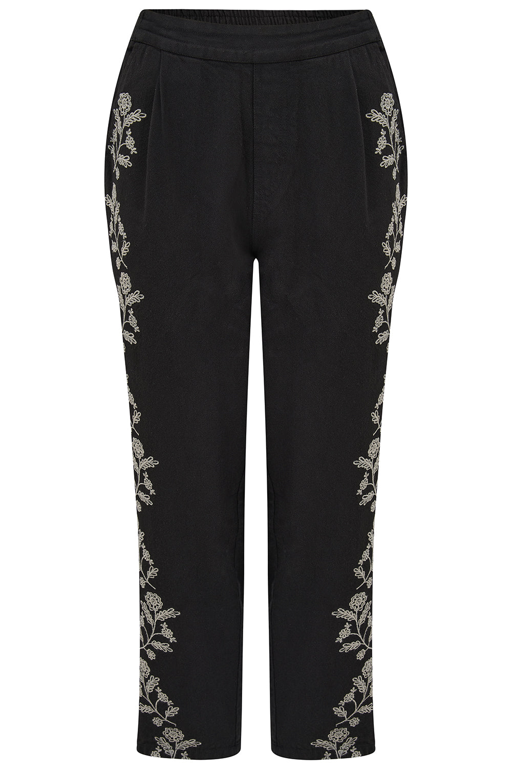 CALISTA Black Casual Trousers with Floral Vine Embroidary