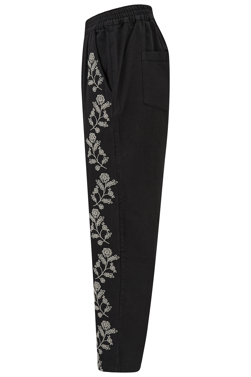 CALISTA Black Casual Trousers with Floral Vine Embroidary