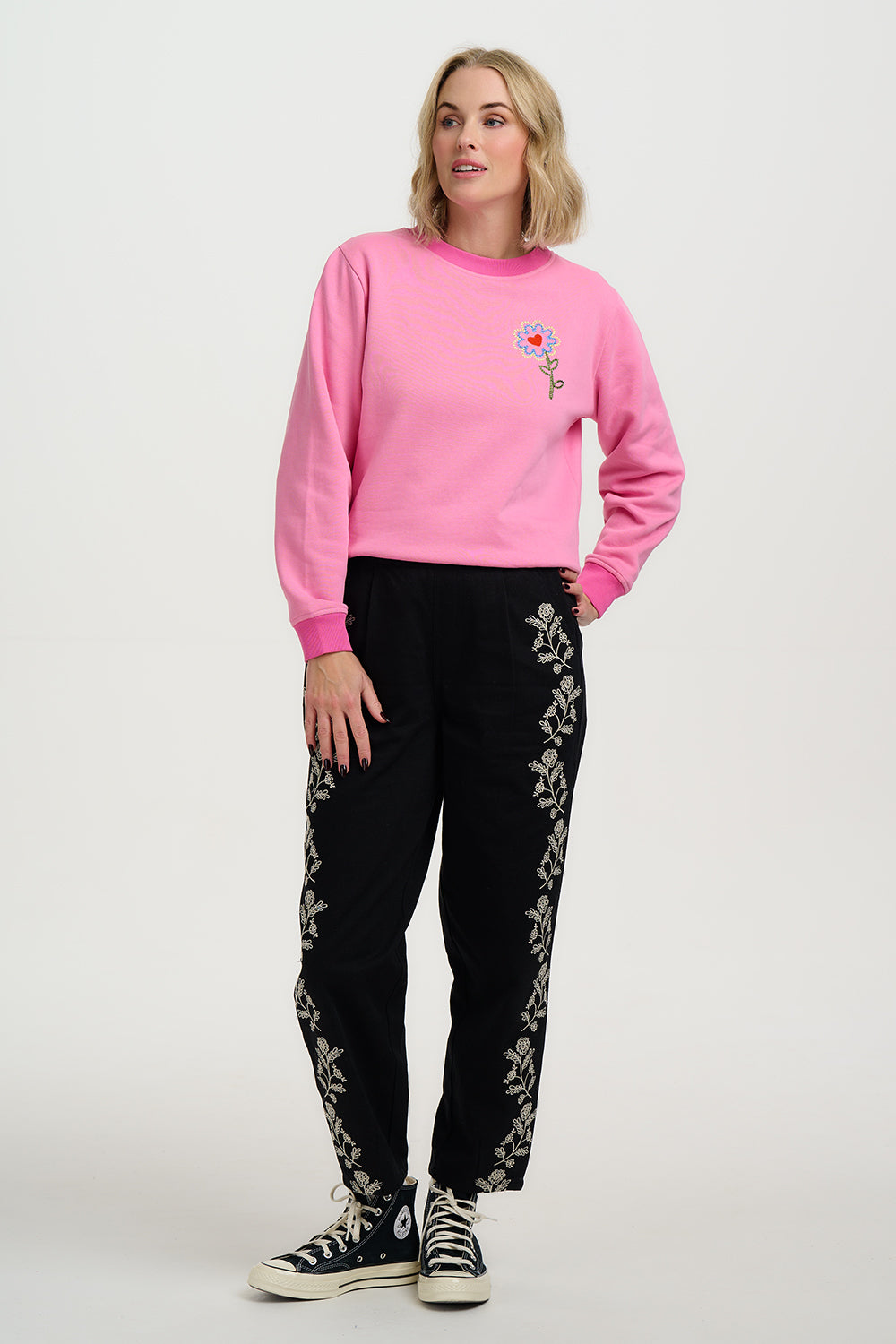 CALISTA Black Casual Trousers with Floral Vine Embroidary