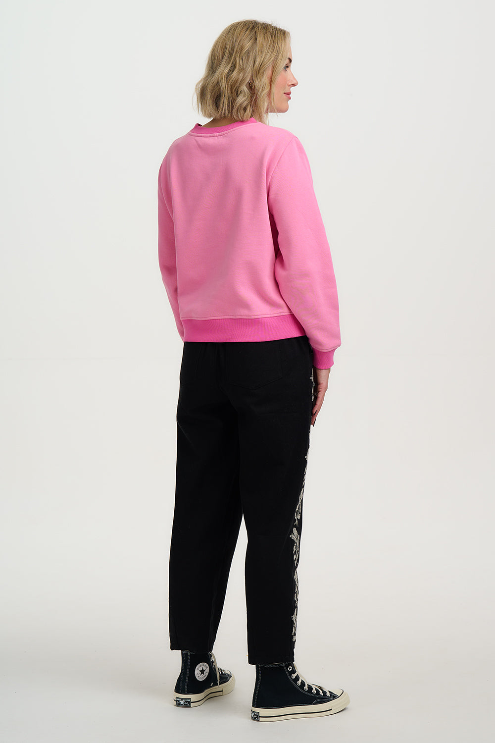 CALISTA Black Casual Trousers with Floral Vine Embroidary