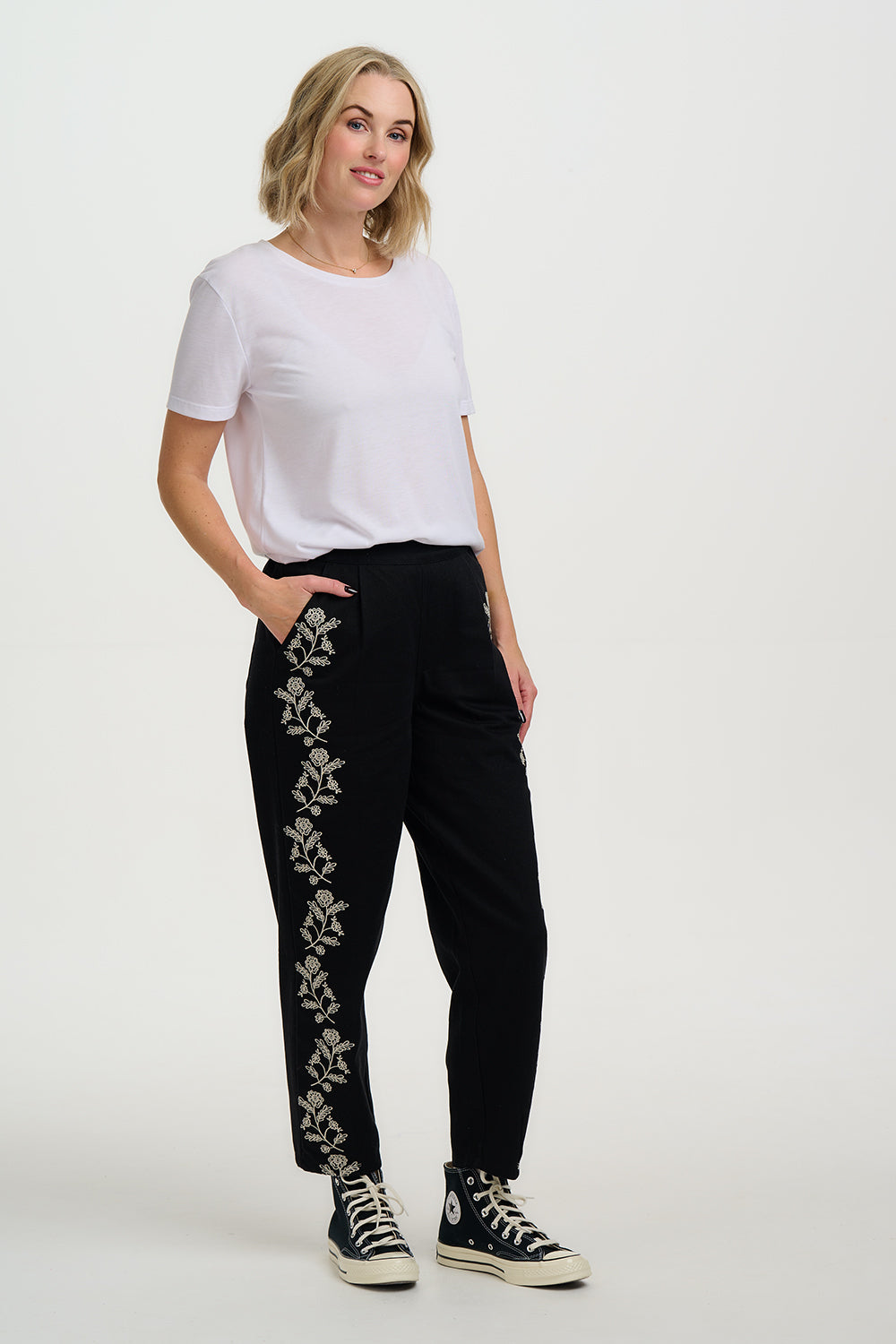CALISTA Black Casual Trousers with Floral Vine Embroidary
