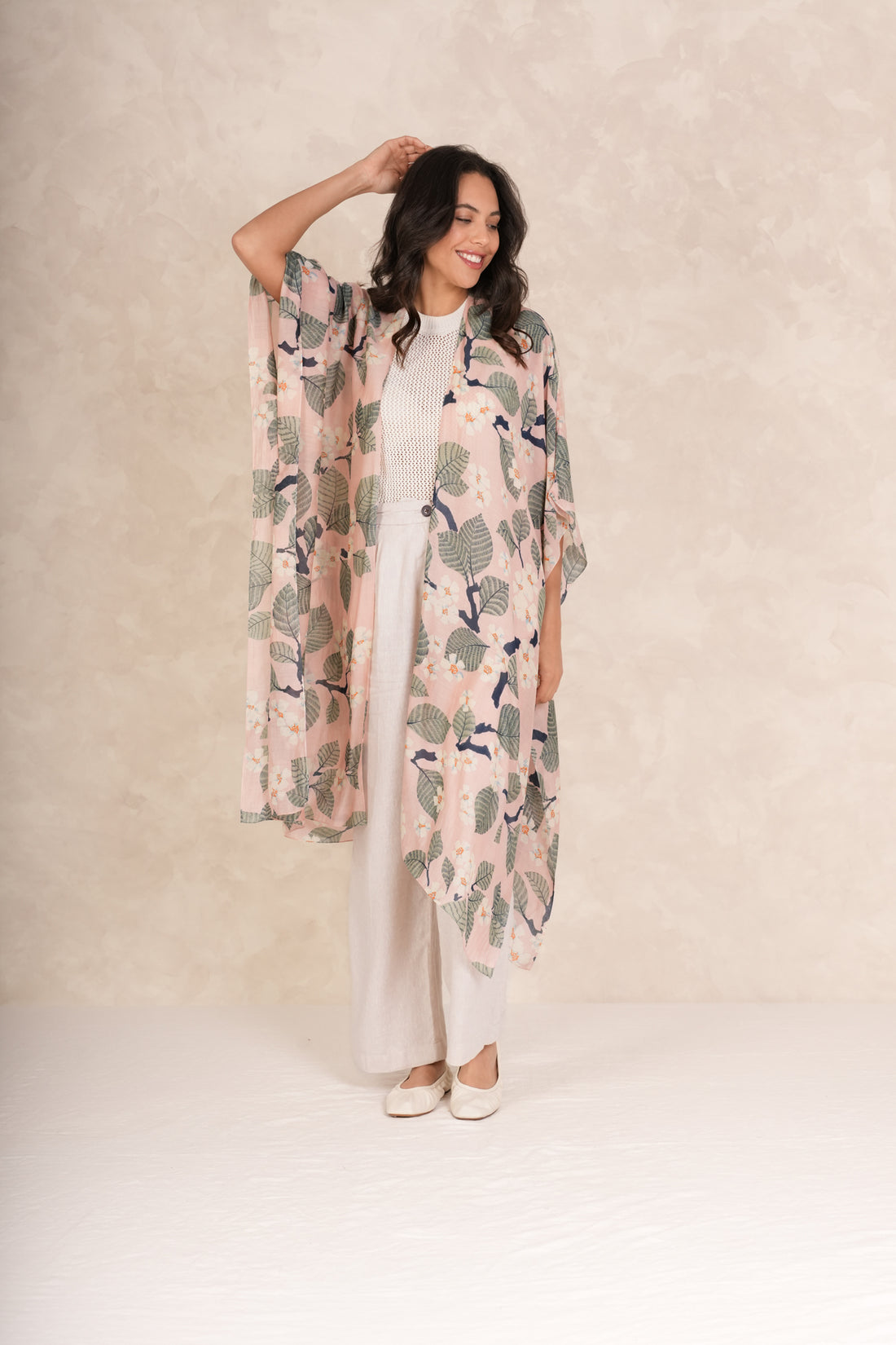 One Hundred Stars Mid Length Lightweight Throwover Kimono in Tree Blossom Pink - THRTREPIN