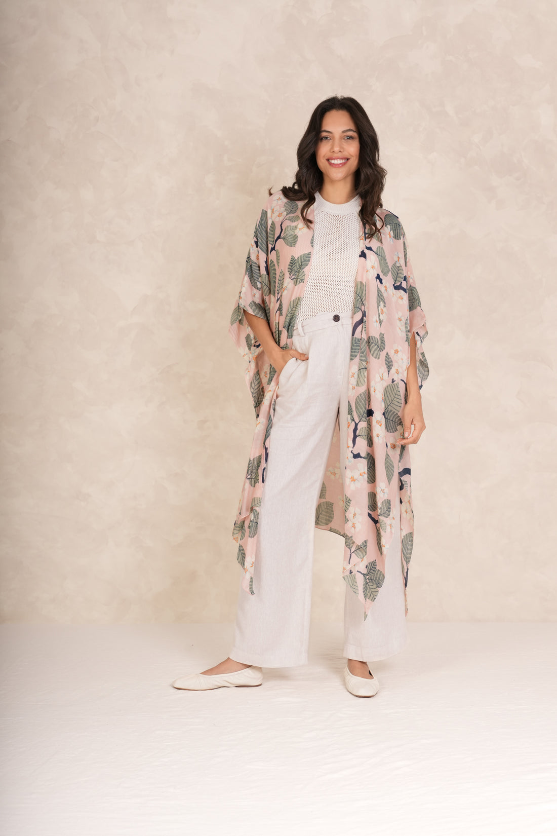 One Hundred Stars Mid Length Lightweight Throwover Kimono in Tree Blossom Pink - THRTREPIN