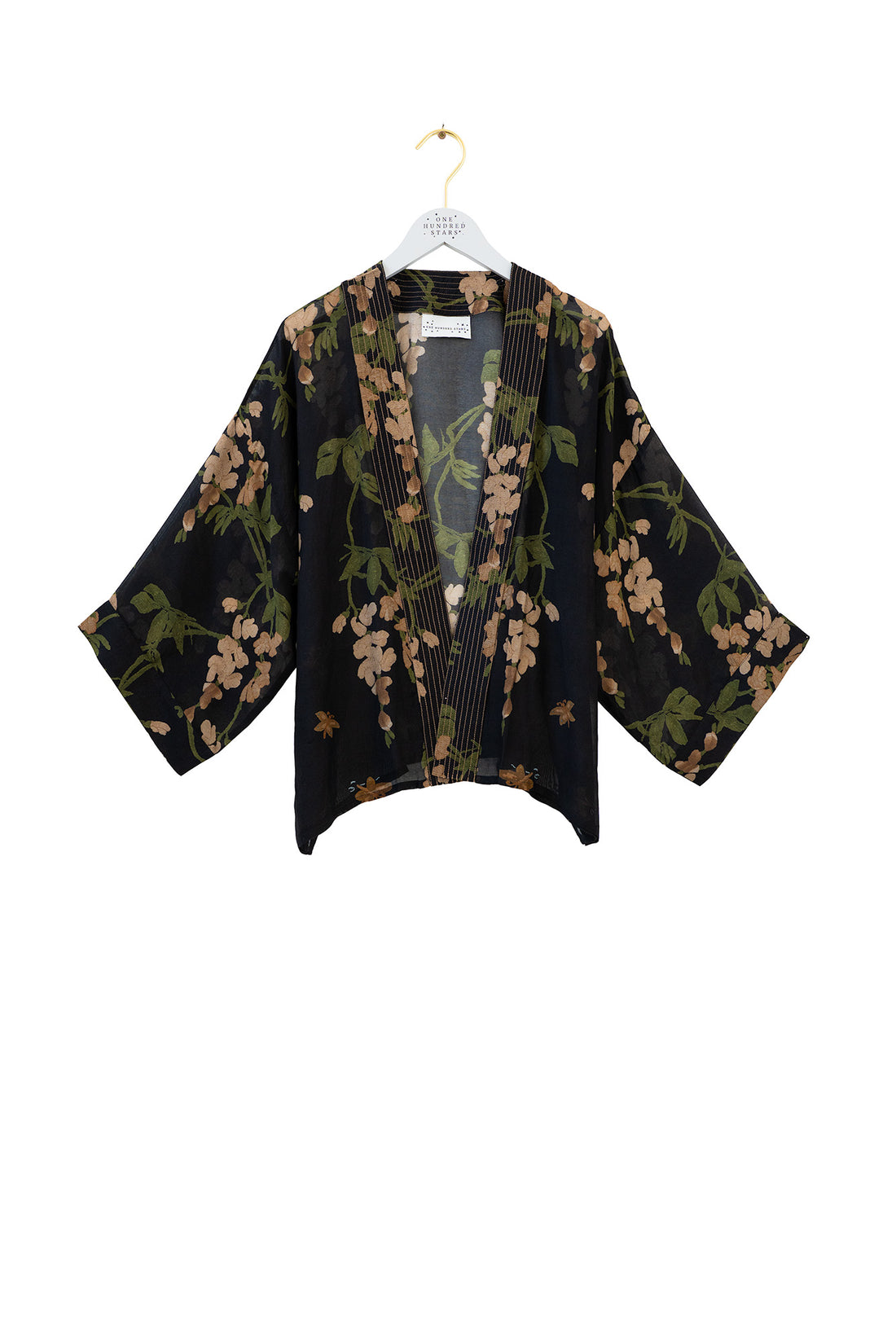 One Hundred Stars Lightweight Short Kimono in Black Wisteria Print - KIMWISBLK