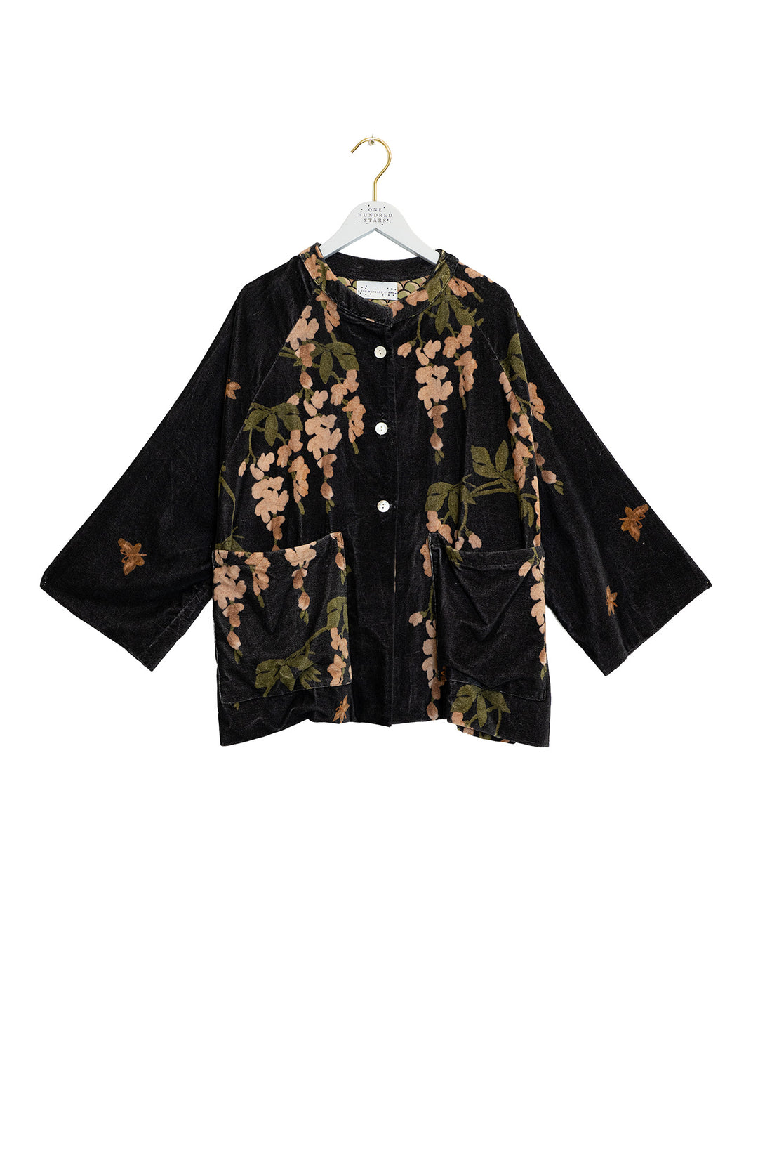 One Hundred Stars Short Velvet Mandarin Jacket in Wisteria Black Print - One Size - VJKWISBLK