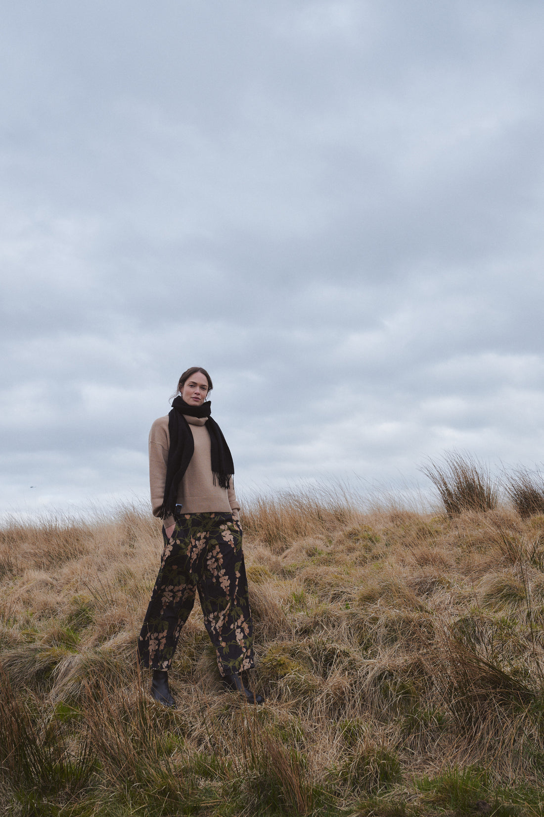 Barrel Corduroy Cotton Velvet Trousers in Wisteria Print by One Hundred Stars - BPAWISBLK